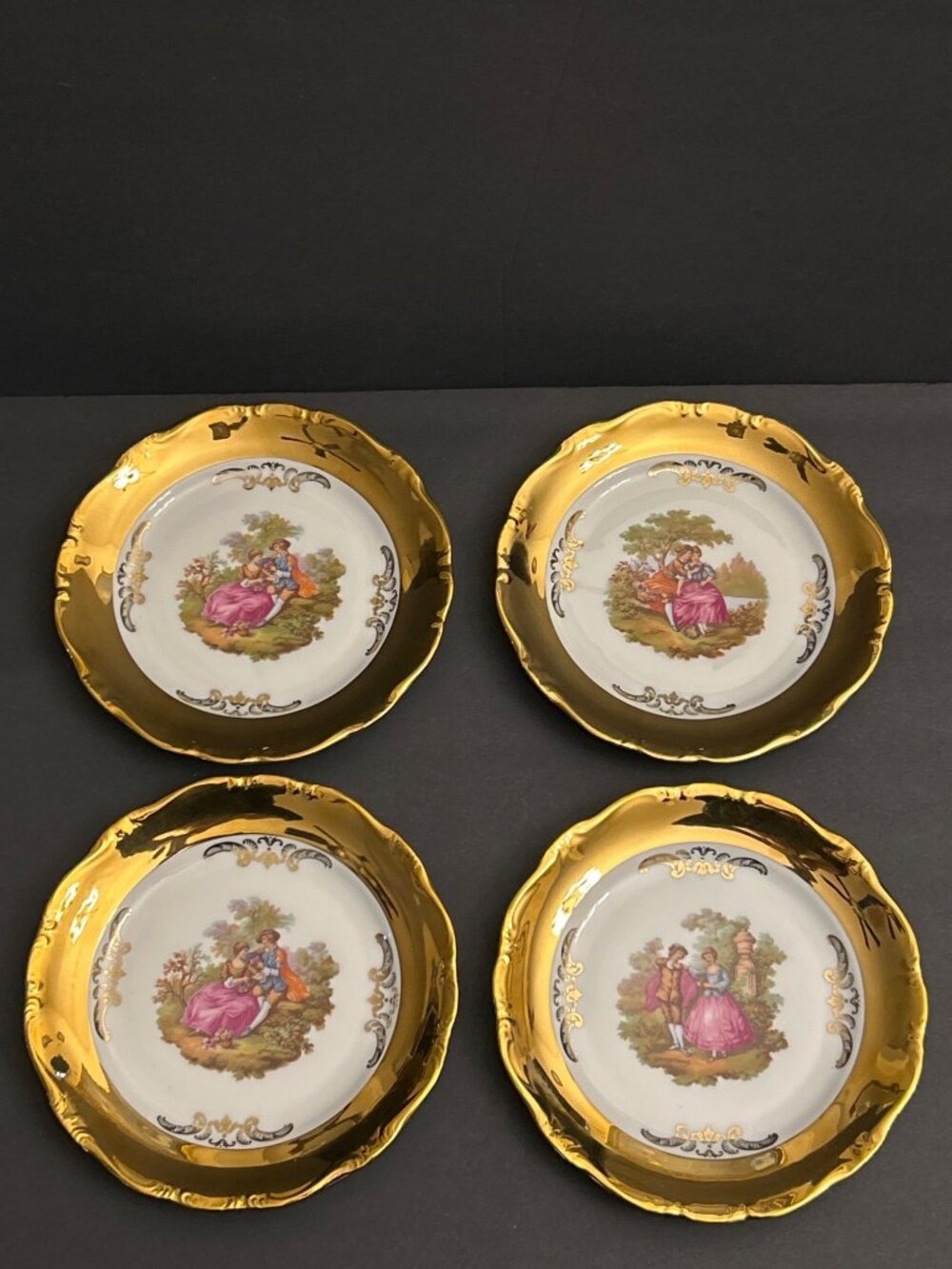 Set of 4 Fragonard 22 Karat Gold Trimmed German Plates - Romantic Scene Vintage
